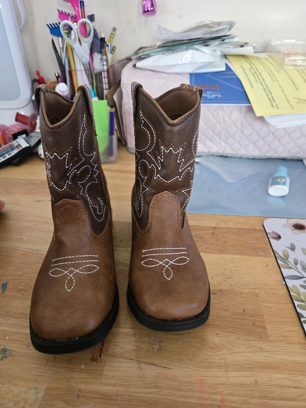 Kids Brown Western Cowboy Boots with White Stitching